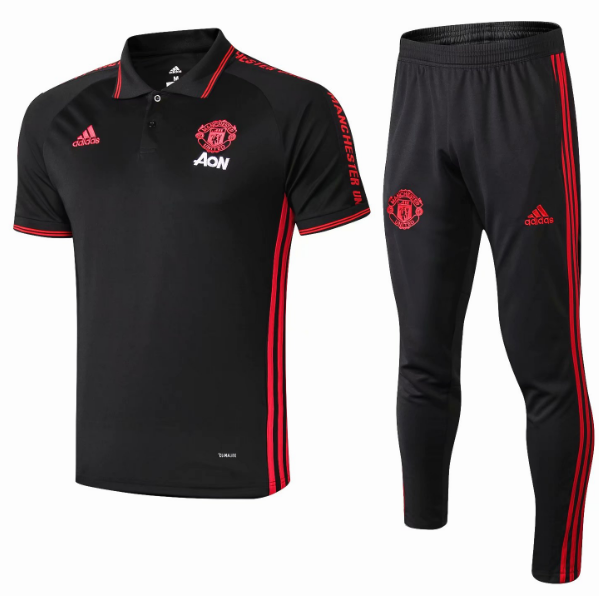 Manchester United 2019/20 Black Red Stripe Polo Shirts + Pants Suit